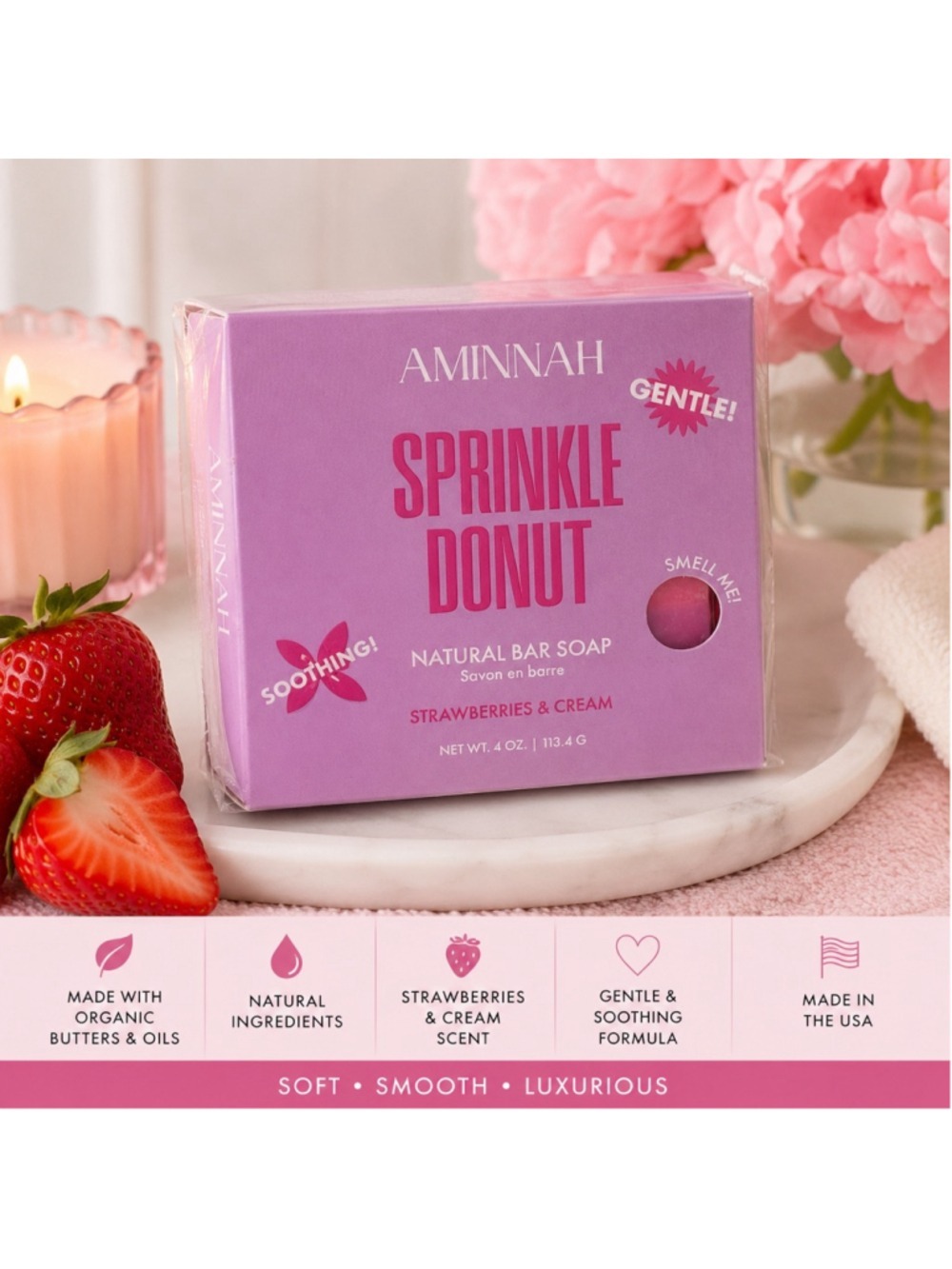 Aminnah Sprinkle Donut Natural Bar Soap Strawberries & Cream 4oz NWT